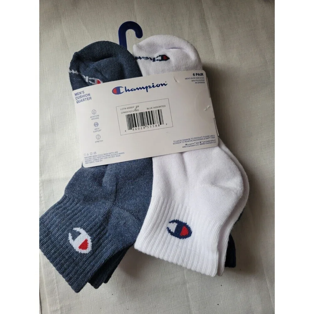 Champion Mens Quarter Ankle Multi SporSocks -6 Prs  Athleticwear Size 6-12 Black